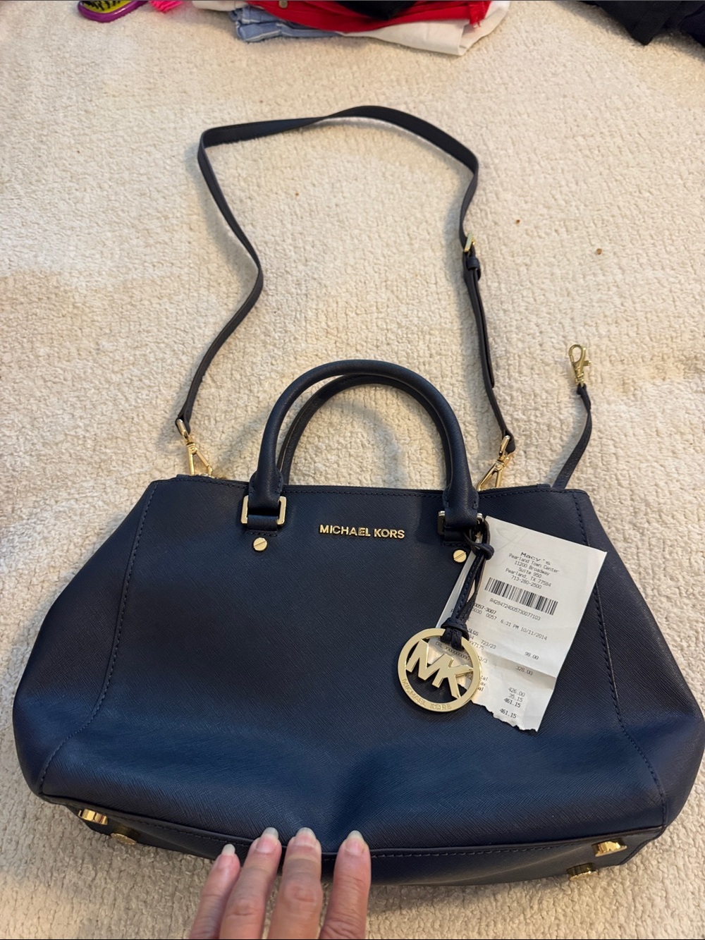 Michael Kors Navy Saffiano Leather Satchel with Gold Hardware